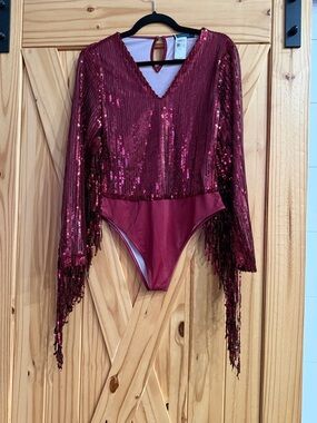 Girls' Sequin Burgundy Fringe One-Piece Bodysuit Maroon